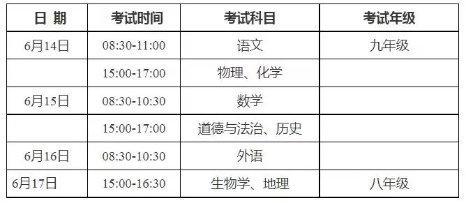 蚌埠中考考試時間